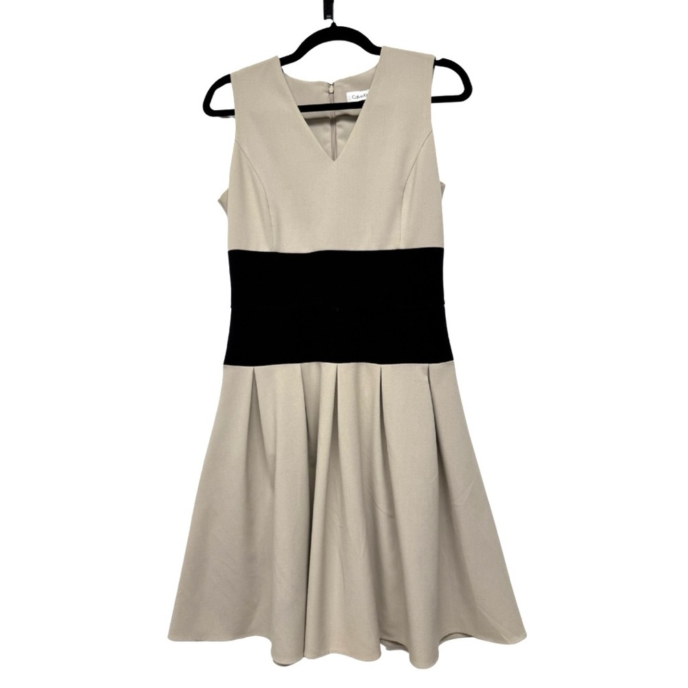 Calvin Klein Dress Womens Beige Black A Line Full Skirt Pleated Size 4